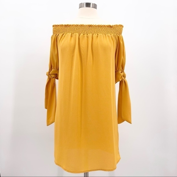 Fashion Nova Mustard Off-Shoulder Crepe Mini Dress Size Large - Picture 1 of 7